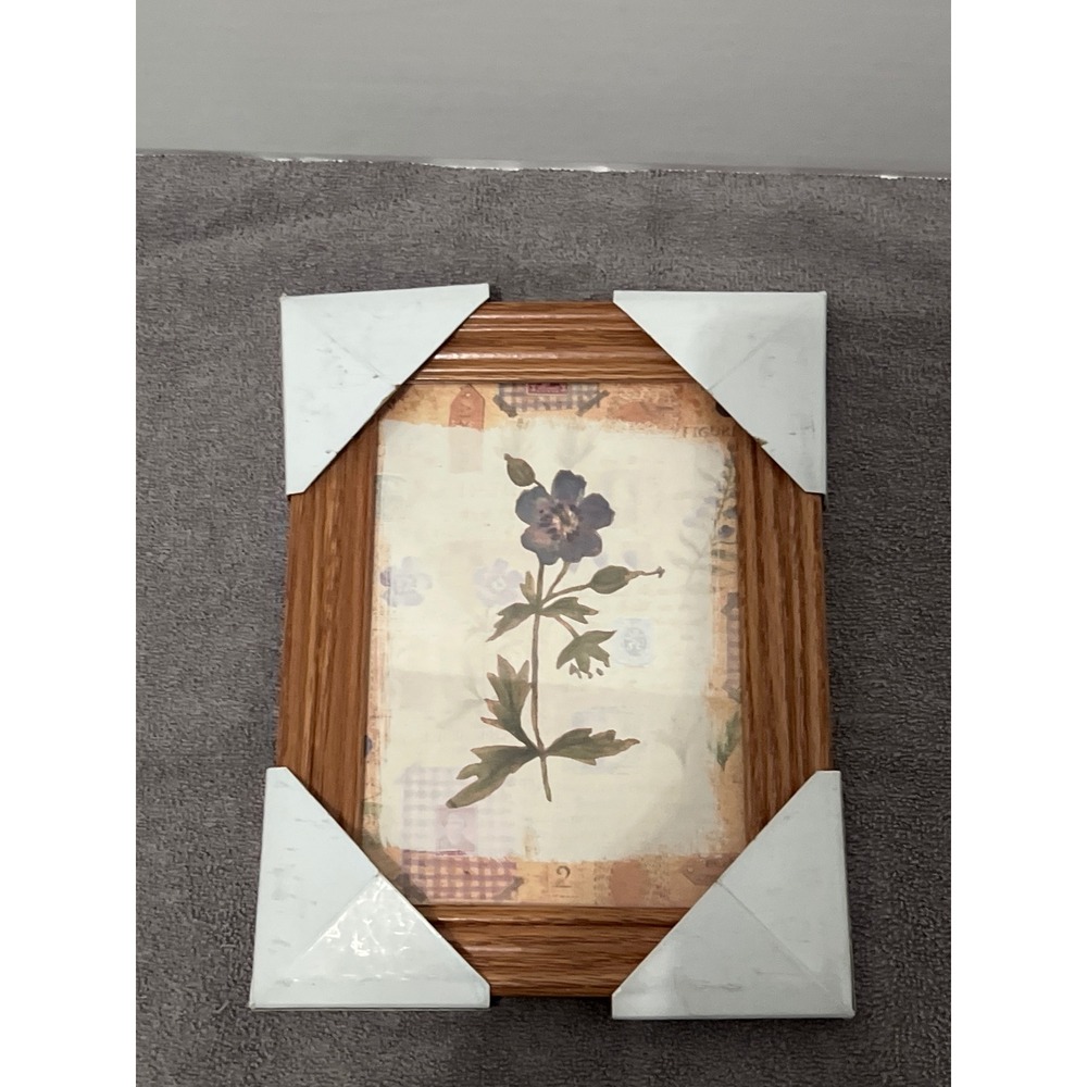 Vintage Style Botanical Purple Flower Framed Wall Art Oak Wood Frame 7x9